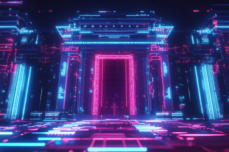 A digital depiction showcases a government building with glowing neon lines and pixelated patterns, embodying a cyberpunk vision of the future.の素材