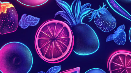 A vibrant display of neon fruit illustrations against a dark backdrop featuring bold colors, creating a high-energy pop-art aesthetic perfect for modern design.の素材