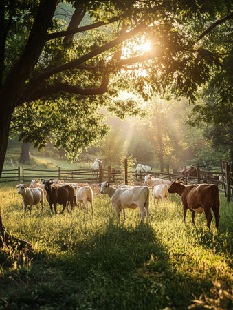 Premium cows and goats peacefully graze in a verdant landscape, illuminated by soft sunlight filtering through trees, creating an idyllic farm atmosphere.の素材