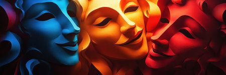 This captivating paper cut artwork displays vibrant comedy and tragic theater masks, showing layered shadows and colorful depth in intricate detail.の素材