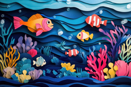 Discover a magical underwater world where lively fish swim through a vibrant coral reef, all intricately designed in layered paper cut style with deep blues.の素材