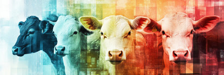 Collage of farm animals displayed in a modern abstract mosaic with soft gradient colors and a textured finish, celebrating the beauty of rural life.の素材
