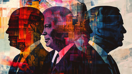 Silhouettes of world leaders blend with vibrant abstract patterns, creating a striking visual representation of contemporary politics and influence.の素材