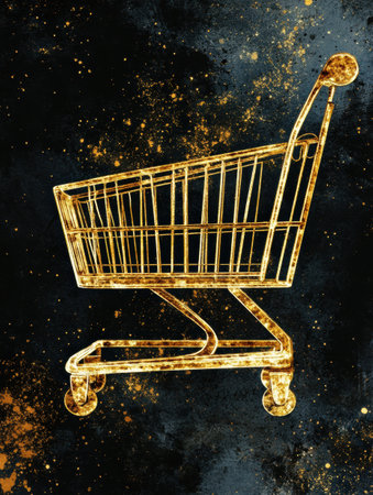 Luxurious illustration showcases a golden grocery cart with intricate textures and elegant typography, set against a stunning black and gold background.の素材