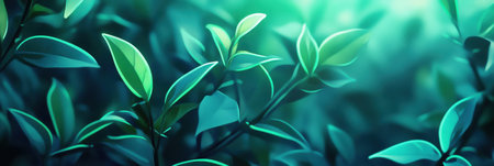 Softly glowing tea leaves emerge in surreal green and blue hues, showcasing a futuristic, sleek, and modern aesthetic in a tranquil atmosphereの素材