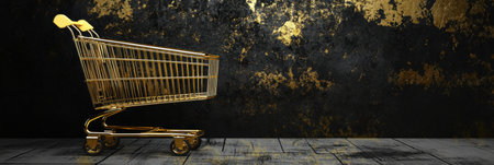 A stunning display showcases a golden grocery cart set against a dramatic black and gold background, exuding luxury and sophistication in a chic environment.の素材