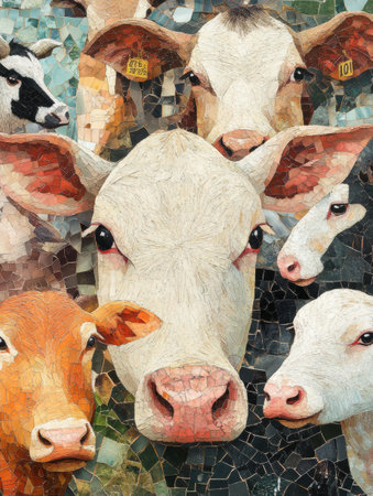 This collage features farm animals in an abstract mosaic, with soft gradients and textures, creating an artistic vibe.の素材