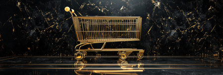 A golden grocery cart showcases premium textures and elegant typography against a striking black and gold backdrop, emphasizing luxury aesthetics and style.の素材
