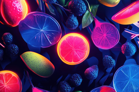 Vibrant illustrations of neon fruit create a striking pop-art background with a high contrast of electric blue and pink glowing aesthetics.の素材
