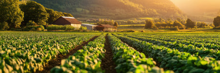 Farm workers prepare fresh organic produce for delivery in a scenic landscape filled with sunlight, greenery, and the beauty of nature.の素材