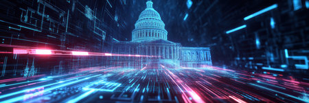 Exploration of a cyberpunk-inspired government structure highlighted by neon lines and abstract patterns, embodying a futuristic political vision at twilight.の素材