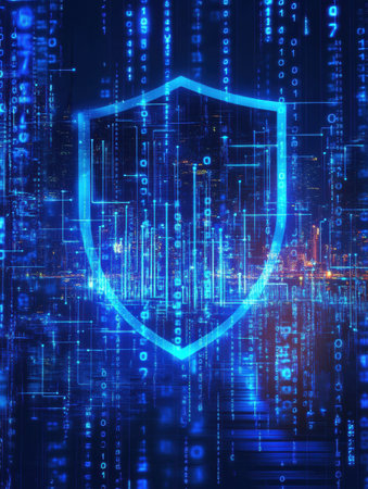 A vibrant cyberpolitical backdrop features a bright digital shield and flowing binary codes, symbolizing the importance of cybersecurity in modern governance.の素材