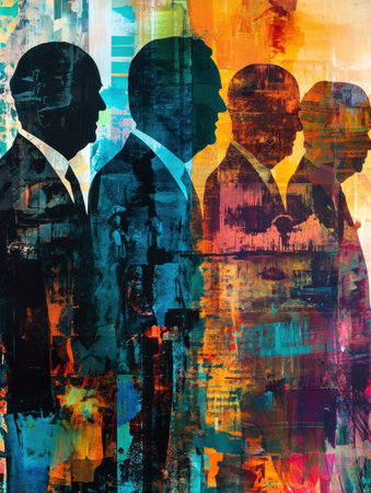 Silhouettes of world leaders stand against a backdrop of abstract patterns, showcasing a blend of colors and political themes in a contemporary artistic style.の素材