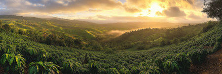 Enjoy the serene hills of coffee plantations, with mist rising and golden sunlight illuminating the vibrant greens at dawn.の素材