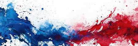 Energetic splashes of red, white, and blue paint create an abstract background that symbolizes national pride and democracy, vibrant and eye-catching.の素材