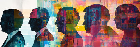 Silhouettes of prominent world leaders are layered with striking abstract designs, reflecting deep political themes through a vivid color palette.の素材