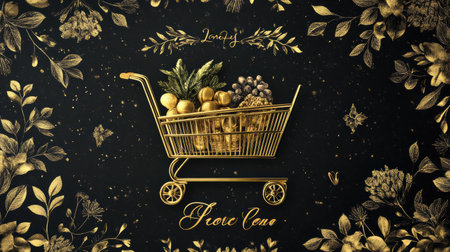 A golden grocery cart filled with fruits and vegetables is showcased against a black floral background, emphasizing luxury and elegance in design.の素材