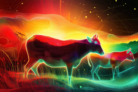 Farm animals emerge with luminous outlines amidst smooth gradients, creating a surreal atmosphere filled with colorful energy, evoking a dreamlike quality.の素材