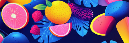 Vibrant neon fruit designs create a dynamic pop-art background with electric blue and pink colors, enhancing the bold visual aesthetic.の素材