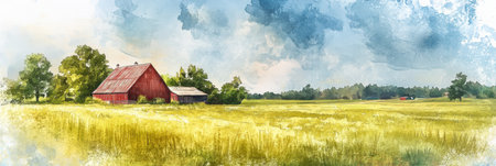 Delicate watercolor artwork showcases a nostalgic farm setting with vibrant green fields and a rustic barn against a serene blue sky.の素材