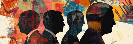 Collage showcases silhouettes of world leaders intertwined with abstract patterns in a vibrant political color palette, conveying depth and complexity.の素材