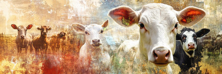 Colorful collage features various farm animals with a blend of soft colors and textures, conveying a modern abstract aesthetic inspired by rural life.の素材