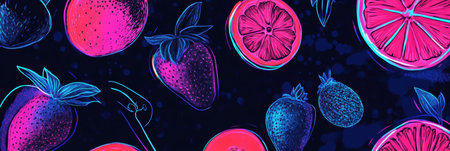 Vivid neon fruit illustrations create a dynamic pop-art background with glowing electric blue and pink tones, perfect for modern design and decor.の素材