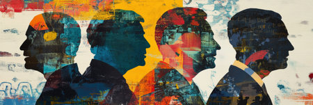 Silhouettes of prominent world leaders are layered over dynamic abstract patterns, creating a striking visual representation of contemporary politics.の素材