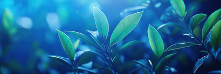 Surreal glowing tea leaves blend futuristic light with lush greenery, creating a captivating modern aesthetic in vibrant hues of blue and green.の素材