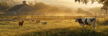A tranquil organic farm features premium cows and goats grazing peacefully, surrounded by rich natural textures and soft lighting during golden hour.の素材