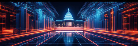 A vibrant digital representation showcases a government building adorned with neon lines and abstract pixelated designs, illustrating a cyberpunk vision.の素材