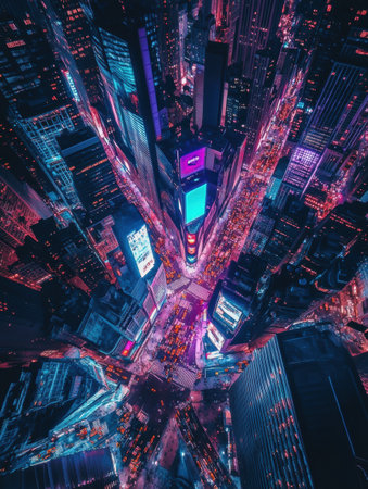 Experience the stunning city skyline from above, where bright neon lights create an electric atmosphere in the lively streets during the night.の素材