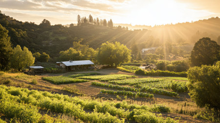 Fresh organic produce being prepared for delivery in a vibrant farm landscape bathed in warm sunlight, showing the beauty of nature and agriculture.の素材