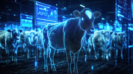 Cows and sheep equipped with biometric sensors navigate a clean, futuristic farm while glowing data displays provide vital health information and insights.の素材
