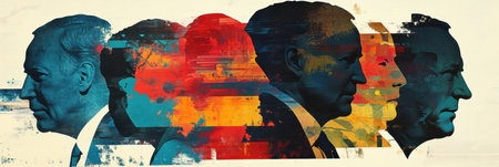 Silhouettes of prominent world leaders are layered with vibrant abstract patterns, creating a dynamic representation of modern political landscapes.の素材