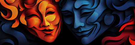 This artwork features an intricate design of comedy and tragic masks, showing deep shadows and vibrant colors that enhance the theatrical theme.の素材