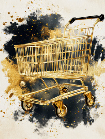 A stunning golden grocery cart stands out against a rich black and gold abstract backdrop, showing an opulent aesthetic with premium textures.の素材
