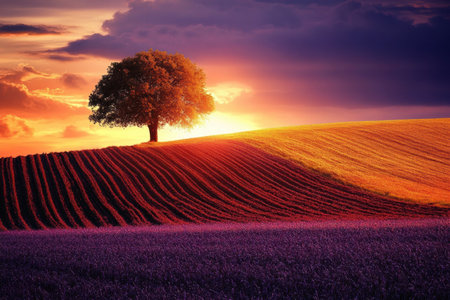 Warm golden and purple deep hues blend in the sky as the sun sets behind a solitary tree surrounded by flowing fields, evoking a soft, emotional atmosphere.の素材