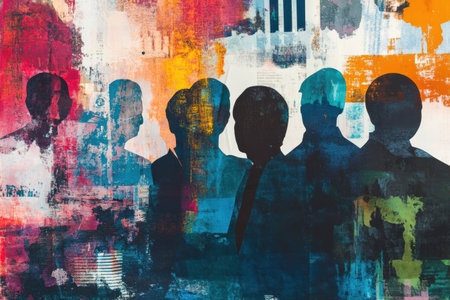 Silhouettes of world leaders form a striking collage, intertwined with vibrant abstract patterns that reflect deep political themes and emotions.の素材