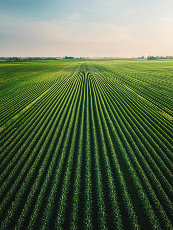 Green crop rows create a striking symmetry and clean lines in an expansive field, showing the lush landscape under soft evening light.の素材