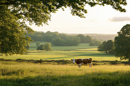 A dairy cow stands calmly in a lush green meadow bathed in warm golden sunlight, surrounded by natural beauty and tranquility during the evening hours.の素材