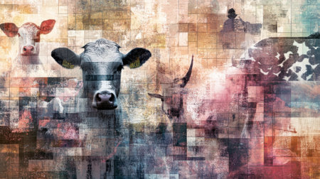 This artwork features a vibrant collage of farm animals created with soft color gradients and textured elements, blending modern design with rural themes.の素材