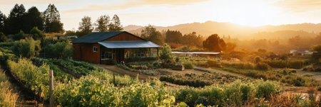 Bright farm landscape showcases fresh organic produce being gathered under warm sunlight, creating a serene atmosphere during the late afternoon hours.の素材
