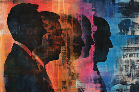 An artistic collage features world leader silhouettes, enhanced by abstract patterns and a vibrant political palette, sparkling intrigue.の素材