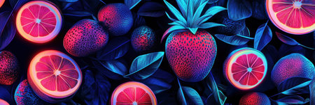Vibrant neon fruit designs on a pop-art background create a striking visual experience, showing electric blue and pink hues that captivate viewers.の素材