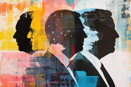 This artwork features layered silhouettes of world leaders, integrated with abstract designs and a deep political color palette, conveying a powerful message.の素材