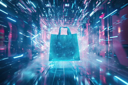 A grocery bag teleports through a dazzling sci-fi portal, surrounded by bright lights and a dynamic atmosphere, creating an energetic moment in time.の素材