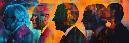 Silhouettes of influential world leaders are layered with vivid abstract patterns, creating a dynamic visual representation of contemporary political themes.の素材