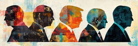 An artistic collage features silhouettes of world leaders, with abstract patterns and a vibrant color palette reflecting current political issues.の素材