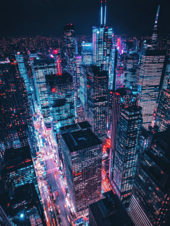 Breathtaking vista showcases a vibrant city skyline filled with skyscrapers, their neon lights reflecting off busy streets below under the night sky.の素材